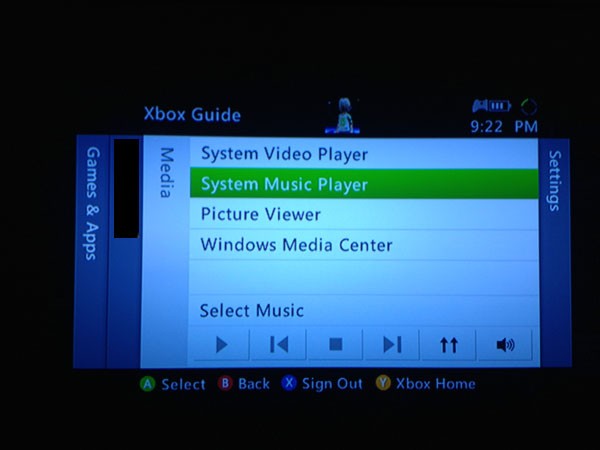 system music player xbox 360